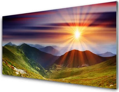 Immagine prodotto di Stampe su vetro acrilico 100x50: quadro decorativo, soggetto: sole, montagne, natura