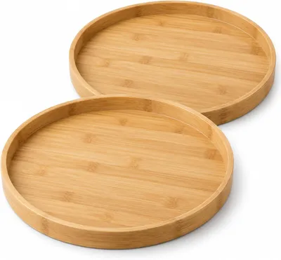 Productafbeelding van Bamboe rond dienblad van hout - Set van 2 - 30 x 30 x 2 cm - Natuurlijk houten dienblad - Tafeldecoratie - Keuken - Woonkamer