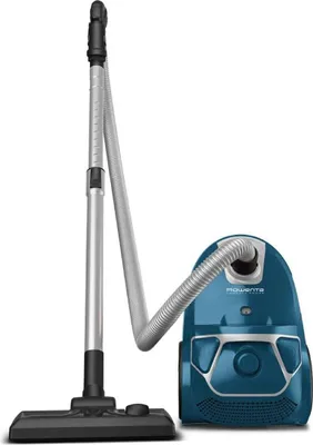 A blue and silver Rowenta vacuum cleaner with its hose and floor head is shown against a white background.