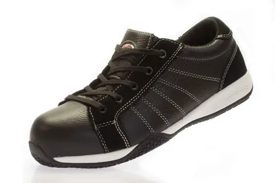 A black safety shoe is shown against a white background.