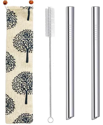 Produktbild von Wiederverwendbare Strohhalme für Bubble Tea, 2 Stück, Edelstahl, 12mm Breite, 215mm Länge, Silber, inkl. Reinigungsbürste & Tasche