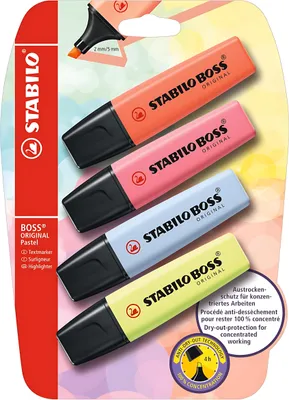 Produktbild von Textmarker - STABILO BOSS ORIGINAL Pastel - 4er Pack - Korallrot, Kirschblütenrosa, Wolkenblau, Prise von Limette