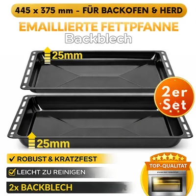 Produktbild von ICQN Backblech 445 x 375 x 25 mm Set, 2x Emailliert Fettpfanne, Passend für Whirlpool, Ignis, Bauknecht, Indesit, Algor, Neckermann, Lloyds, Rostfrei, 44,5 x 37,5 cm