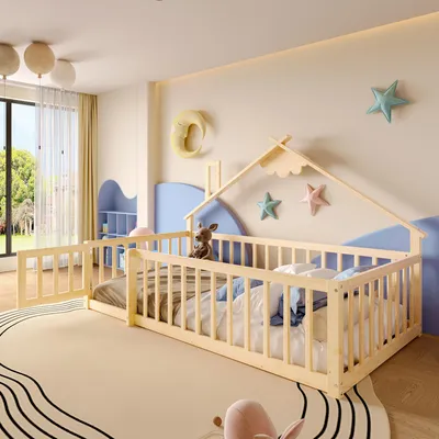 A child's bedroom with a wooden bed frame, toys, and decorative elements.