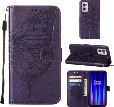 Produktbild von OnePlus Nord CE 2 5G Hülle, Schmetterling Prägung Flip Leder Kartenfächer Schutzhülle Ledertasche mit Ständer für OnePlus Nord CE 2 5G Lila