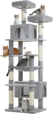 Produktbild von PURPURRA Robuster Kratzbaum für große Katzen, 200 cm hoher Katzenturm mit 2 Sitzstangen, 2 Höhlen und geräumiger Hängematte, XL extra große Höhle