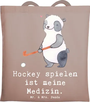 Produktbild von Mr. & Mrs. Panda Schultasche Panda Hockey spielen - Braun Pastell - Geschenk, Tote Bag, Jutebeutel, Tasche, Feldhockey, Shopping, Verein, Hockeyschläger, Beutel