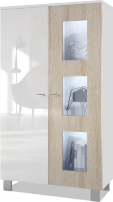 Produktbild von Vladon Vitrine Denjo,  Germany, Standvitrine mit 2 Türen und 3 Glaseinsätzen, Weiß matt/ Weiß Hochglanz/ Eiche Sägegrau inkl. LED-Beleuchtung (71 x 129 x 35 cm)