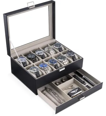 Produktbild von Uhrenbox mit 10 Fächern, 2 Ebenen, Glasdeckel, Schwarz