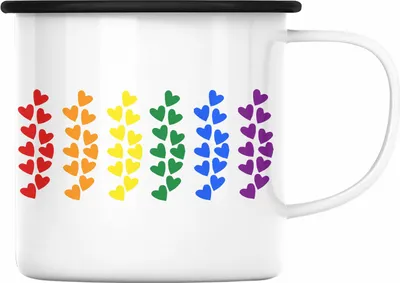 Produktbild von Trendation - Regenbogen Emaille Tasse Geschenk LGBT Schwule Lesben Transgender Grafik Pride Herzen Flagge (Schwarz)