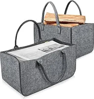Produktbild von JOIEYOU Kaminholzkorb Filz Holzkorb für Kaminholz mit Tragegriffen Faltbar Filztaschen Shopper Kaminholztasche für Holz und Zeitungen, Einkaufstasche 50 x 25 x 25 cm - 2 Stück Hellgrau