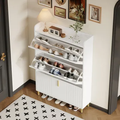 Produktbild von Schuhschrank mit 3 Klappen, Schuhregal Schuhkipper Schmal, mit 6 Fächern, Schuhschrank Weiss, Verstellbar