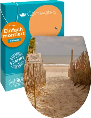 Produktbild von Calmwaters® WC Sitz Motiv Sandstrand einfache Montage, Toilettendeckel bis 250 kg,  EU, antibakterieller Duroplast, Absenkautomatik, 2 Montage Optionen, abnehmbar, Klobrille, oval