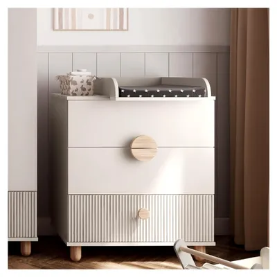 Produktbild von Kommode 79,7 x 48 x 90,2 cm mit Wickelaufsatz für das Kinderzimmer, 3 Schubladen, Schlafzimmer mit Vollauszug, MDF-Fronten, Füße und Griffe aus Buchenholz, modernes Design