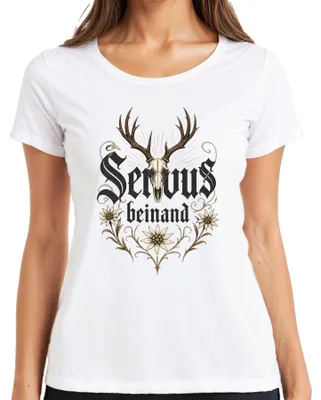 Produktbild von Servus beinand Hirsch Geweih Edelweiss Bayern Lederhose Dirndl Damen T-Shirt, Weiß, XXL