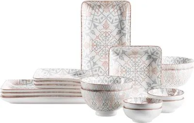 Produktbild von Famanu Servierset 16-teilig grau und rosa Porzellan - für 4 Personen
