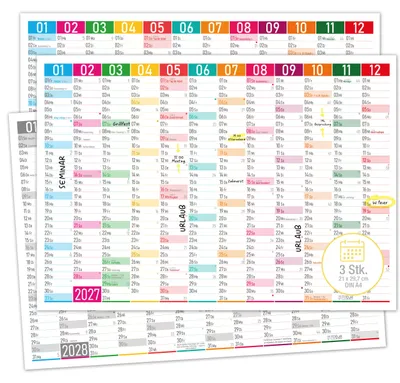 Produktbild von Tafelkalender 2027 Color Blocks DIN A4 3er Set Jahreskalender 1 Seite Modern Design Querformat