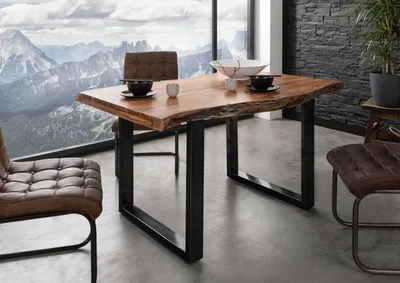 Produktbild von MASSIVMOEBEL24 Baumtisch Akazie 140x90x77 natur lackiert / U-Beine anthrazit glänzend FREEFORM 5