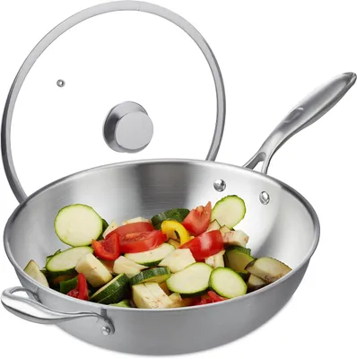 Image de Poêle wok en acier inoxydable - Sans revêtement antiadhésif - Diamètre : 32 cm - Avec couvercle et poignée - Électrique - Compatible avec les plaques de cuisson à gaz ou à induction - Argenté
