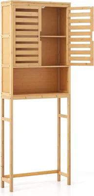 Produktbild von Toilettenregal freistehend, 3-stöckiger Waschmaschinenschrank aus Bambus, 62 x 23 x 170 cm Toilettenschrank mit 2 Türen & offenem Ablagefach