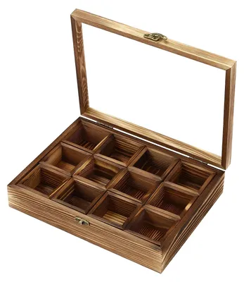 Produktbild von Gewürzbox aus Holz - Aufbewahrungsbox - 12 Fächer - Glasdeckel - Für Gewürze, Tee, Schmuck/Tabletten - Braun
