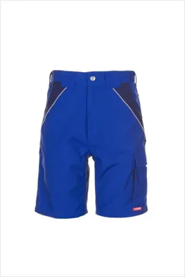 A pair of blue work shorts with navy accents and pockets, displayed against a white background.