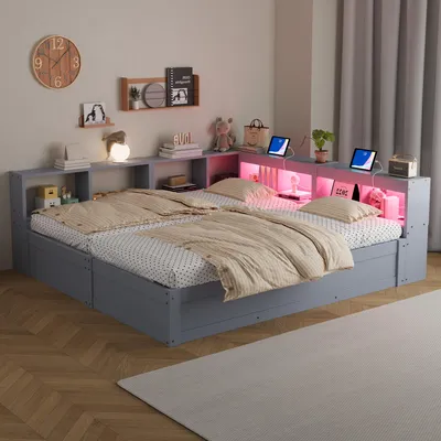 Produktbild von Flieks Hydraulisches Schlafsofa Holzbett 90x200cm/180x200cm mit Staufächern, Tagesbett Daybed mit Ladefunktion und Led, Grau