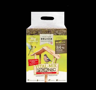 A bag of bird food with an illustration of a bird feeder and birds.
