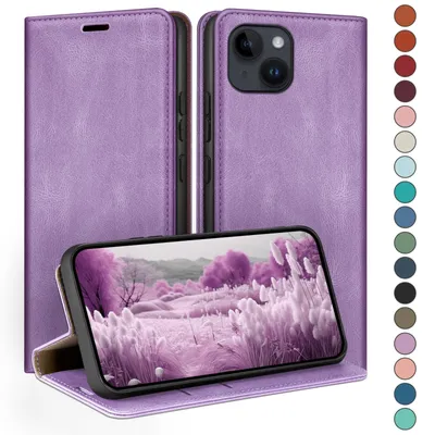Produktbild von HUOUH für iPhone 15 6.1" Hülle mit RFID Schutzhülle aus Lederhülle Handyhülle,Kartenfach Leder ständer Handy hülle,360 Grad Schutz Cover für Apple 15 Klapphülle Wallet Case Flieder Lila