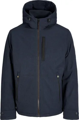 A studio shot of a dark blue hooded jacket.