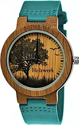 Produktbild von Holzwerk ETTINGEN Damen und Herren Holz Uhr mit Baum Muster, türkis blau, braun