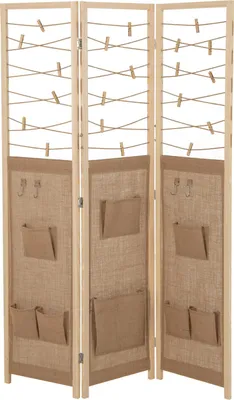A three-panel room divider made of wood and burlap, with strings and clothespins at the top and pockets and hooks on the lower panels.