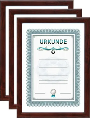 Three framed certificates are displayed side-by-side, with the front one in focus.