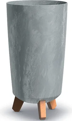 A close-up studio shot of a tall, cylindrical planter with a concrete-like texture, supported by three wooden legs.