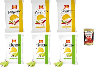 Produktbild von Testpaket San Carlo Più Gusto Patatine, Limette und Rosa Pfeffer + Vivace Paprika - Kartoffelchips Chips, 6x 150g Beutel + Italian Gourmet polpa 400g