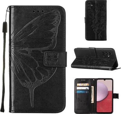 Produktbild von Lederhülle für Samsung Galaxy A25 5G Schmetterling Prägung Flip Ledertasche Kartenfächer Handyhülle mit Ständer Schwarz