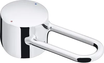 A chrome-plated faucet handle with a U-shaped lever, featuring small red and blue dots on the top surface.