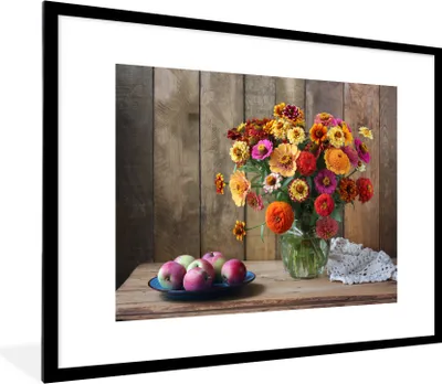 Produktbild von MuchoWow® MuchoWow® Gerahmtes Poster Stilleben - Blumenstrauß - Apfel 80x60 cm - Poster mit zchwarzem Bilderrahmen - Schlafzimmer-Dekorationen - Fotoposter