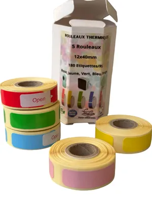 Thermotape für Etikettendrucker, 5 Rollen, 12 x 40 mm, bunt
