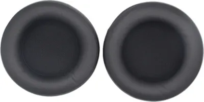Two black headphone ear pads are shown on a white background.