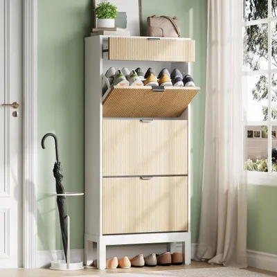 Produktbild von Schuhschrank - Schmales Schuhregal mit 3 Klapptüren - Zusatzschublade - Holz und Metall - Für Flur und Diele - Weiß-Eiche