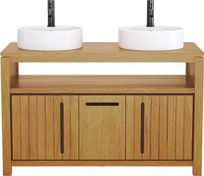 Produktbild von Waschbeckenunterschrank - Teak hell - Doppelwaschbecken rund - 120 cm - SARATOK