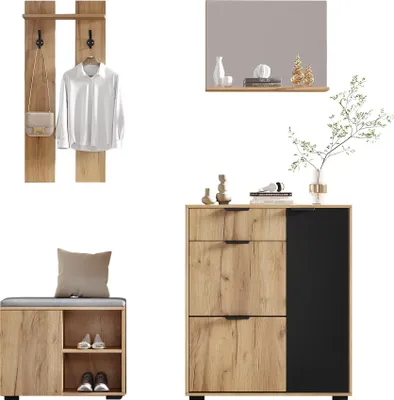 Produktbild von Merax Garderobenset 4-teilig, Wandgarderobe, Schuhschrank, Schuhbank & Spiegel, Flurmöbel, 140×35×139 cm, Naturholzfarbe+Schwarz