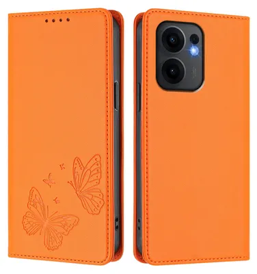Image de Étui en cuir pour Oppo Reno13 F 5G, motif papillon, étui portefeuille à rabat avec support, orange