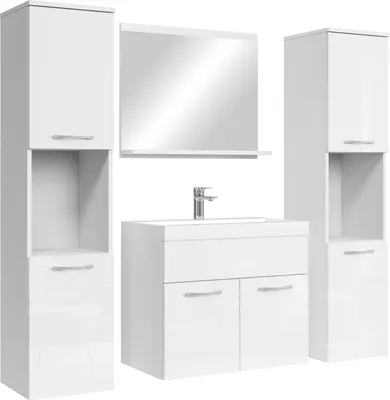 A white bathroom vanity set with a sink, mirror, and two tall cabinets, displayed against a white background.