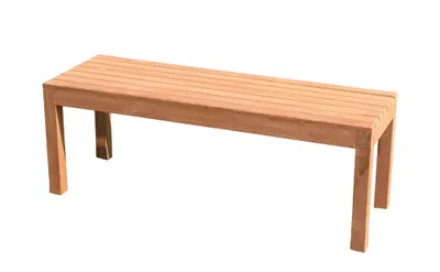 A wooden bench on a white background.