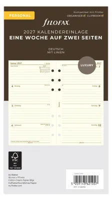 Immagine prodotto di Ricarica per agenda FILOFAX 2027 - PERSONAL - 1 settimana = 2 pagine - color crema - in cotone - in tedesco
