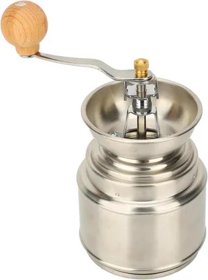 Immagine prodotto di Macinino per caffè manuale, realizzato in acciaio inossidabile e legno massello, ideale per uso domestico. Macinino multifunzionale per caffè, noci e spezie, adatto per preparare da 2 a 8 porzioni, facile da usare.