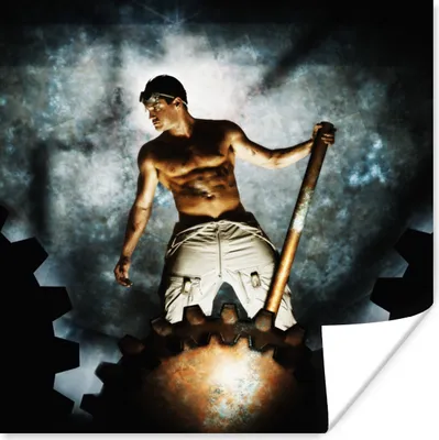 Produktbild von MuchoWow® Poster Ein Mann ohne Hemd in einer Fabrik 100x100 cm - Babyzimmer