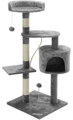 Produktbild von CADOCA® Kratzbaum 112 cm Silbergrau mit Höhle + 3 Plattformen + 2 Spielbälle 1 Spielseil Kratzstamm Katzenkratzbaum Katzenmöbel Katzenschlafplatz